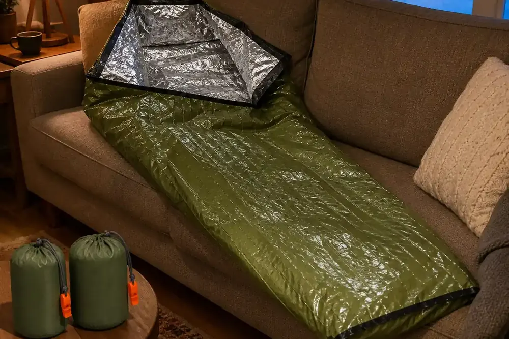 An opened TerraShell lying full length on a couch, the silver inside showing at the opening, two packed olive sacks with orange whistles on the side table