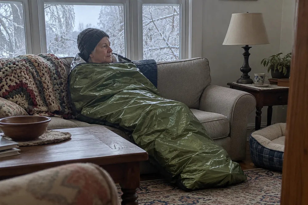 The morning after an ice storm: an older woman on her couch inside her olive TerraShell pulled up to her shoulders, frost on the window behind her