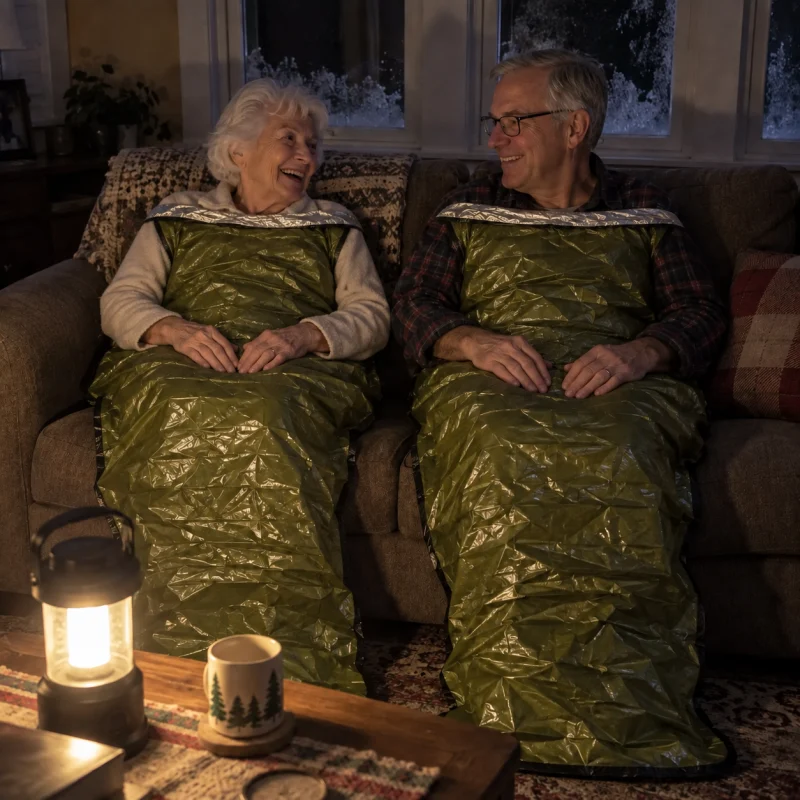 During a power outage, an older man and an elderly woman sit up side by side on a couch, each in their own olive-green TerraShell, a lantern on the coffee table.