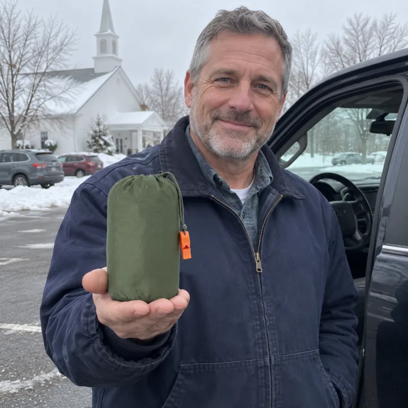 In a snowy church parking lot, a firefighter in his fifties holds a small olive-green TerraShell sack out on his open palm beside his pickup truck.