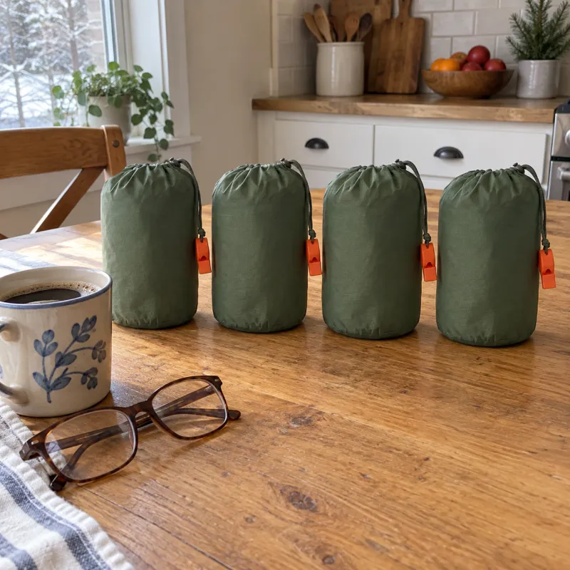 Four packed olive-green TerraShell sacks standing on a kitchen table beside a mug of coffee.