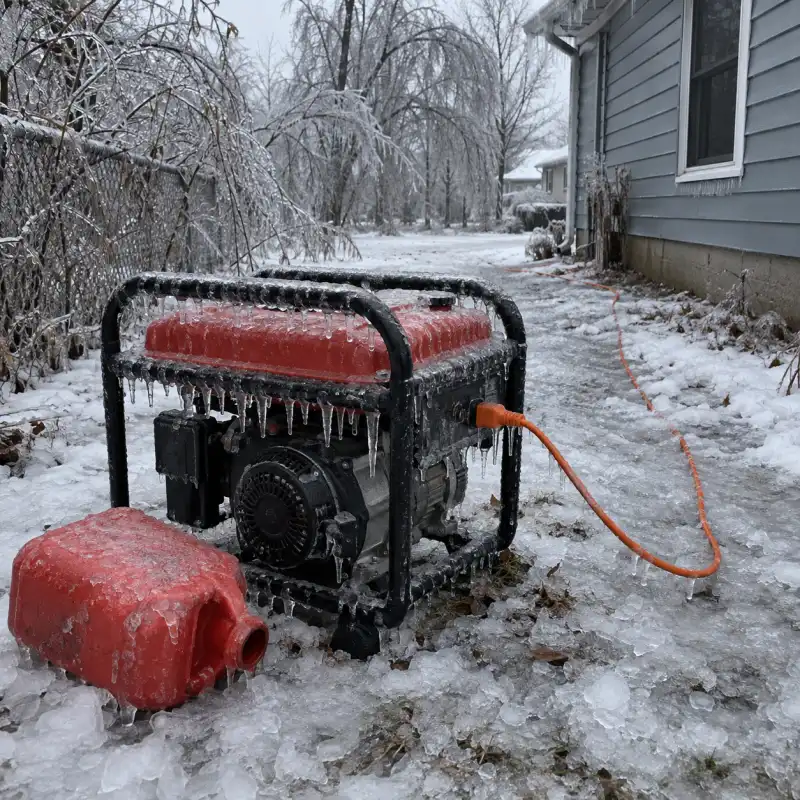 A portable gas generator coated in ice in a snowy side yard, an empty gas can tipped over beside it.