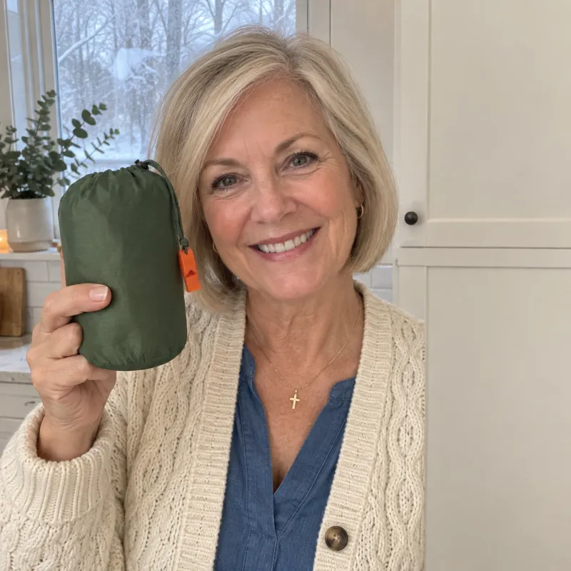 A smiling woman in her kitchen holds up a small olive-green TerraShell sack beside her face.