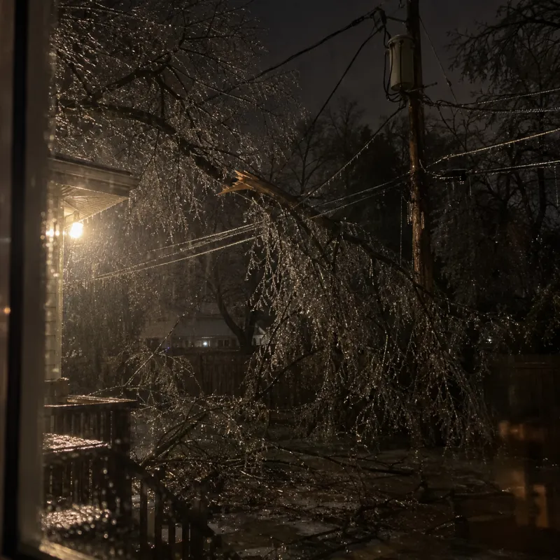 Seen through a kitchen window at night, backyard trees and power lines bend under a thick coat of ice.