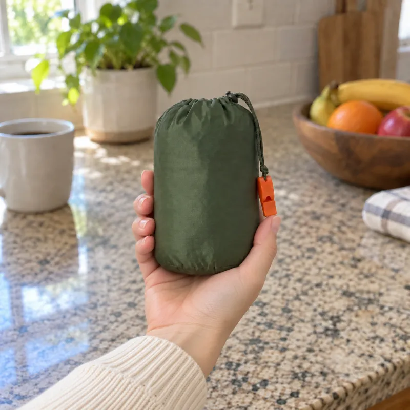 A packed TerraShell, an olive-green sack the size of a soda can with an orange whistle, standing in the palm of her hand.