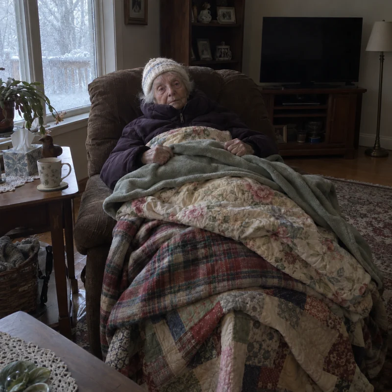 A frail elderly woman sits in a recliner under a pile of blankets, wearing her winter coat and a knit hat, in a cold, grey living room.