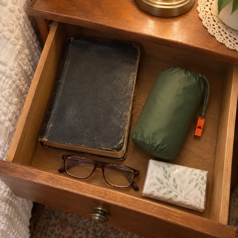 An open nightstand drawer holds a worn black Bible, reading glasses and a packed olive-green TerraShell.