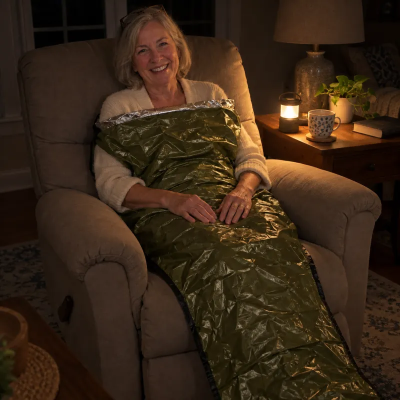 A laughing woman sits up in her recliner at night, inside an olive-green TerraShell pulled up to her shoulders, its silver lining folded back.