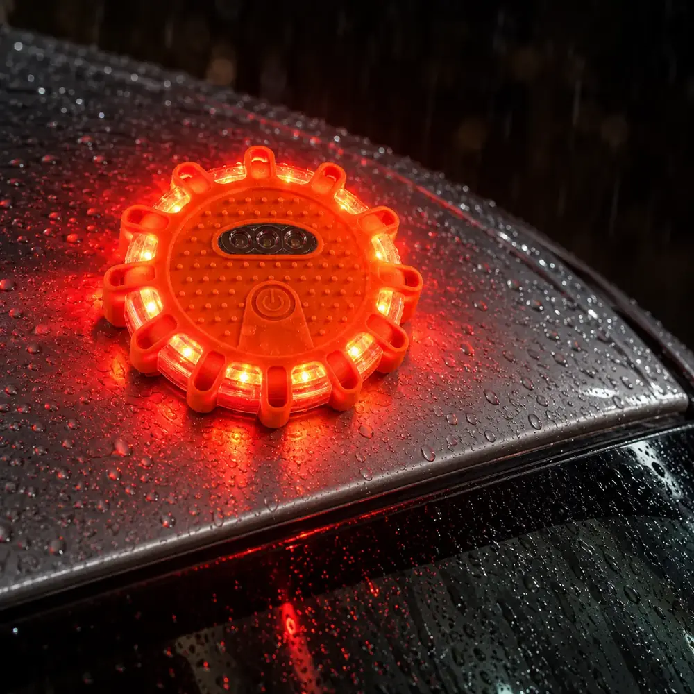TerraSignal flashing on the roof of a car in the rain