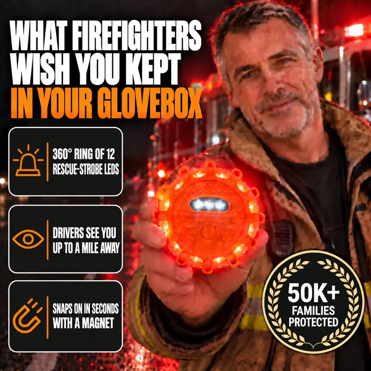 A firefighter holds up a lit TerraSignal: a 360° ring of 12 rescue-strobe LEDs that drivers see up to a mile away.