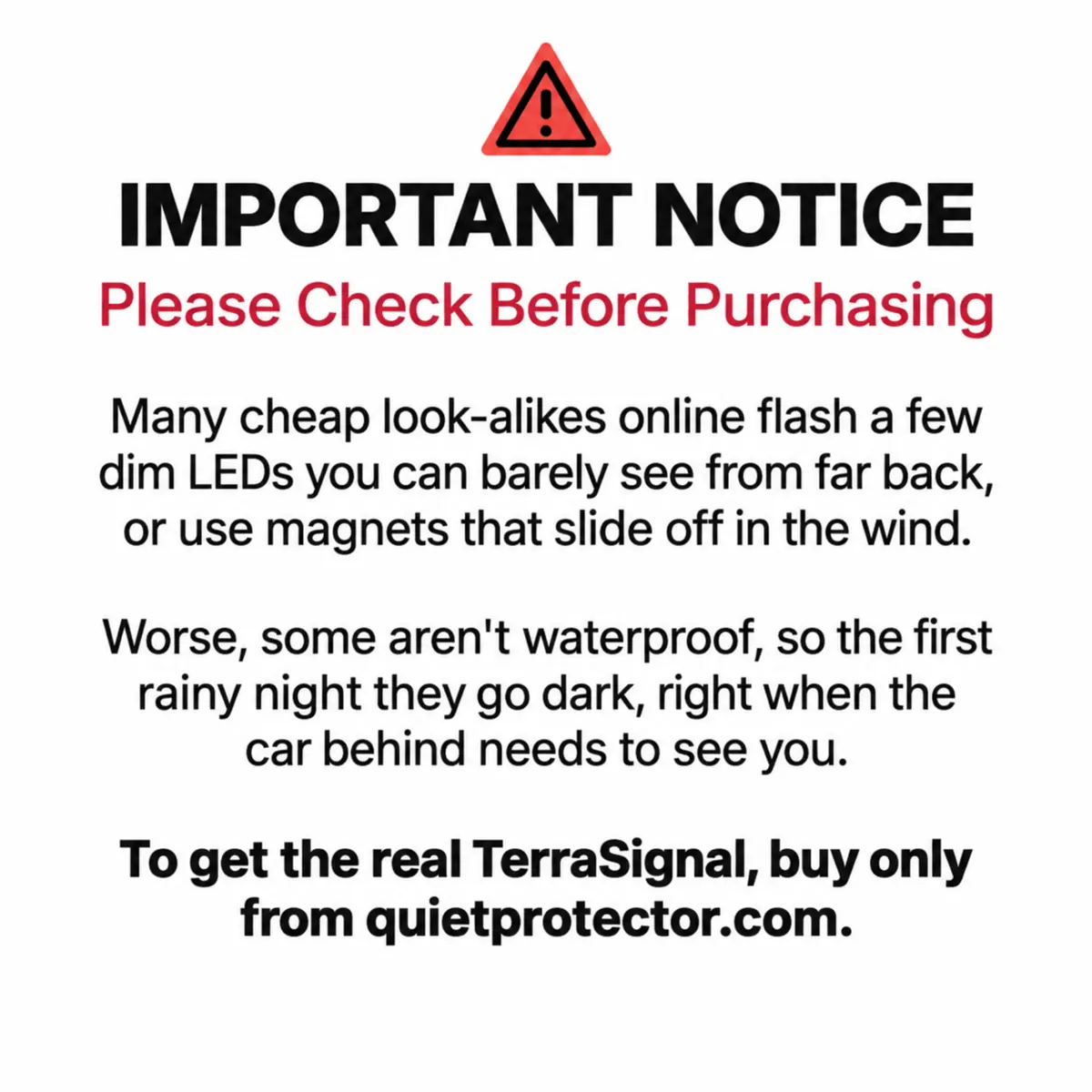 Important notice: cheap look-alikes online. Buy the real TerraSignal only from quietprotector.com.