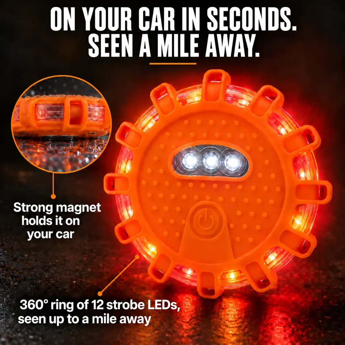 TerraSignal snaps onto a car with its magnet and flashes red and amber, seen up to a mile away.