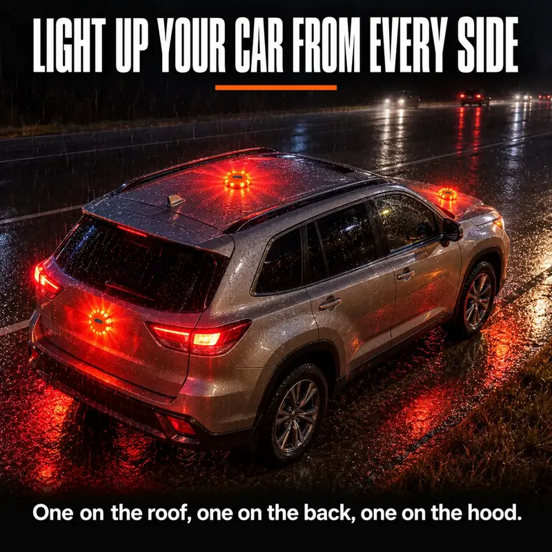 An SUV lit from every side with TerraSignal lights on the roof, the back and the hood.