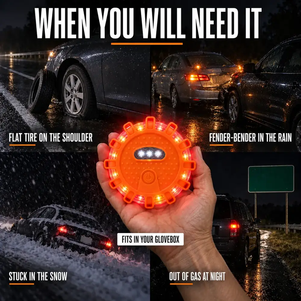 When you will need it: a flat tire on the shoulder, a fender-bender in the rain, stuck in the snow, out of gas at night.