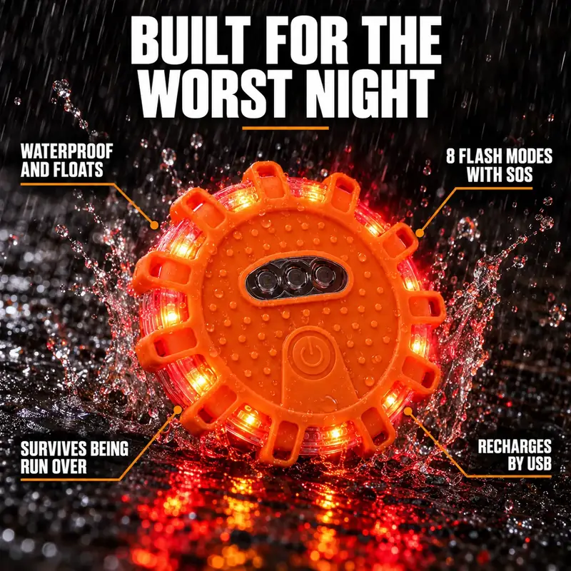 Built for the worst night: waterproof and floats, survives being run over, 8 flash modes with SOS, recharges by USB.