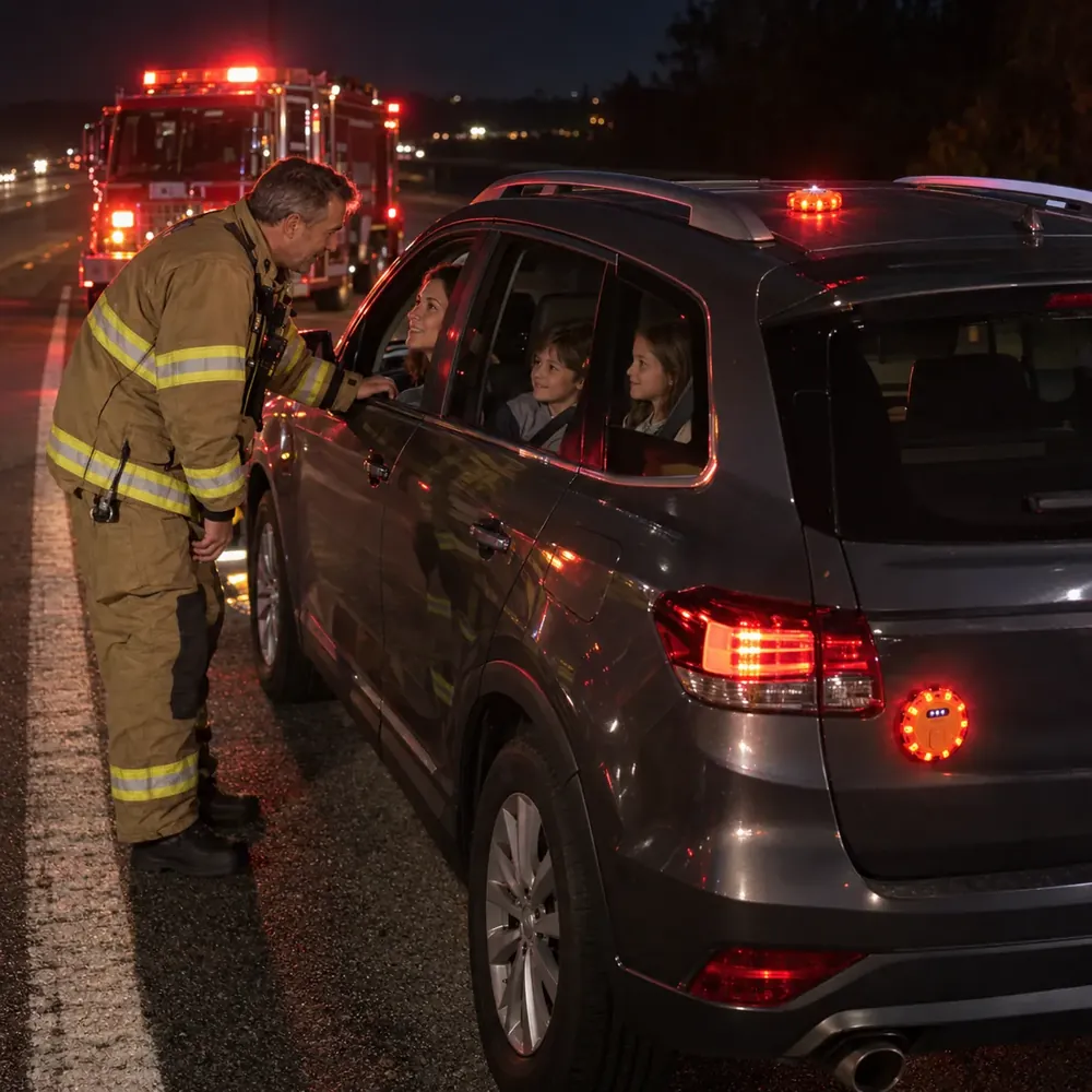 A firefighter talks to a mother in her SUV, lit with TerraSignal on the roof and the back.