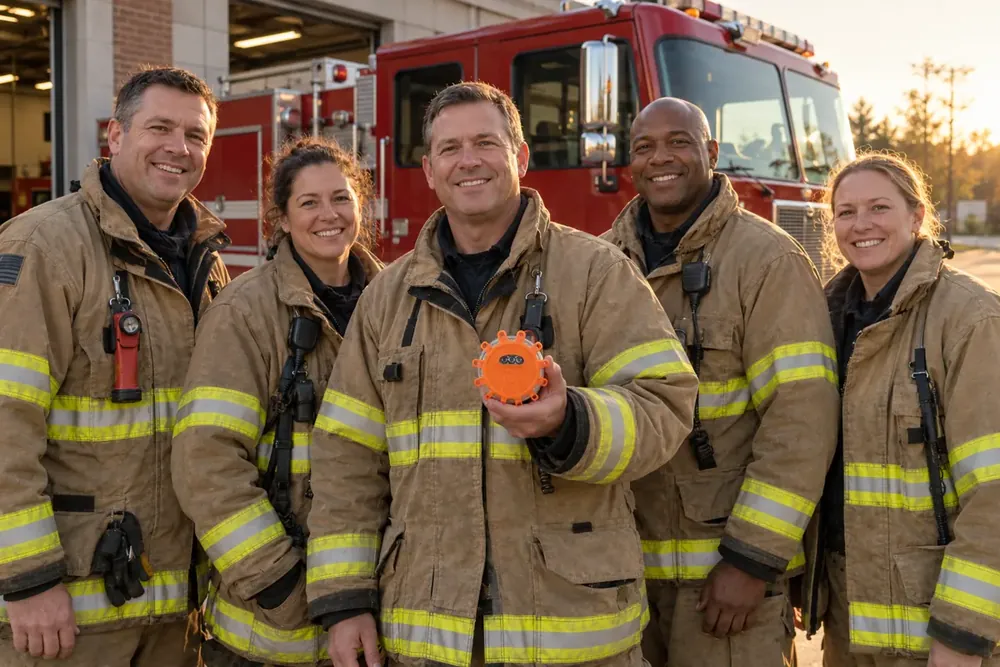 Firefighters at their station, one holding TerraSignal