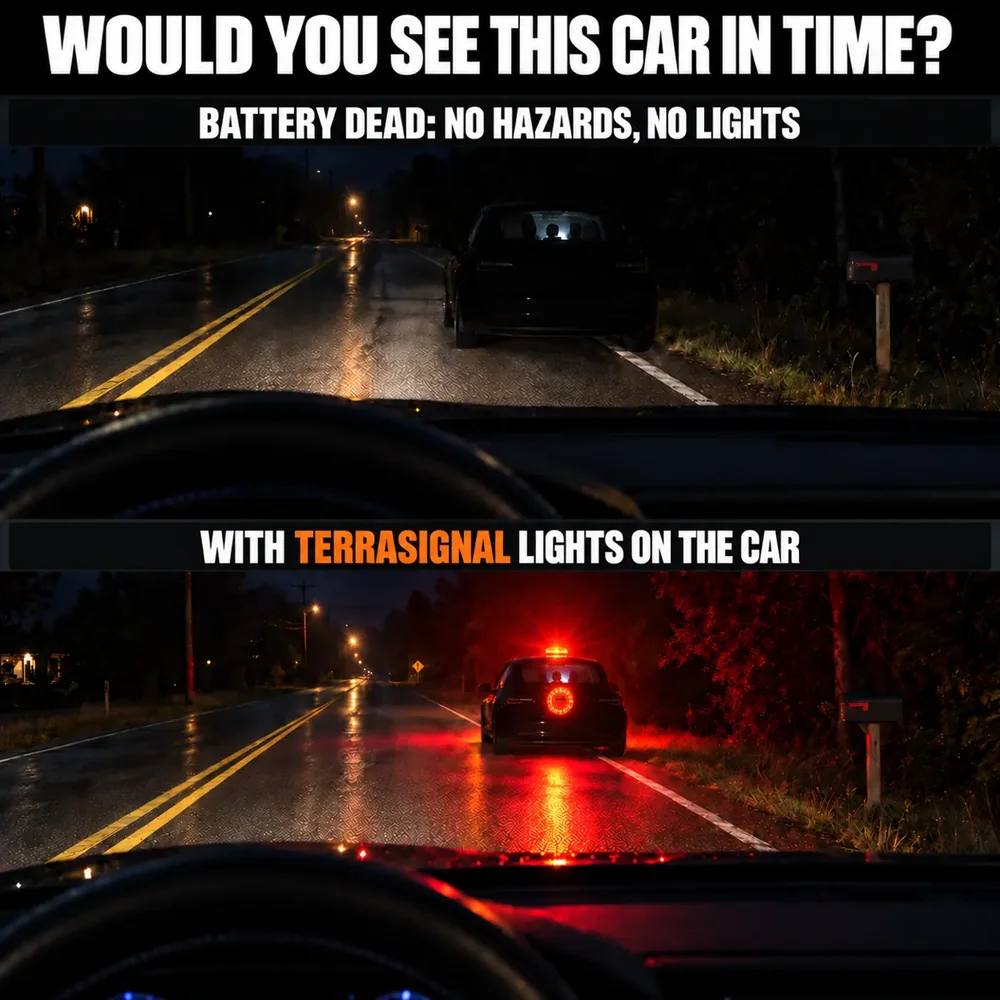 The same stopped car seen from the driver behind, dark and then lit with TerraSignal.