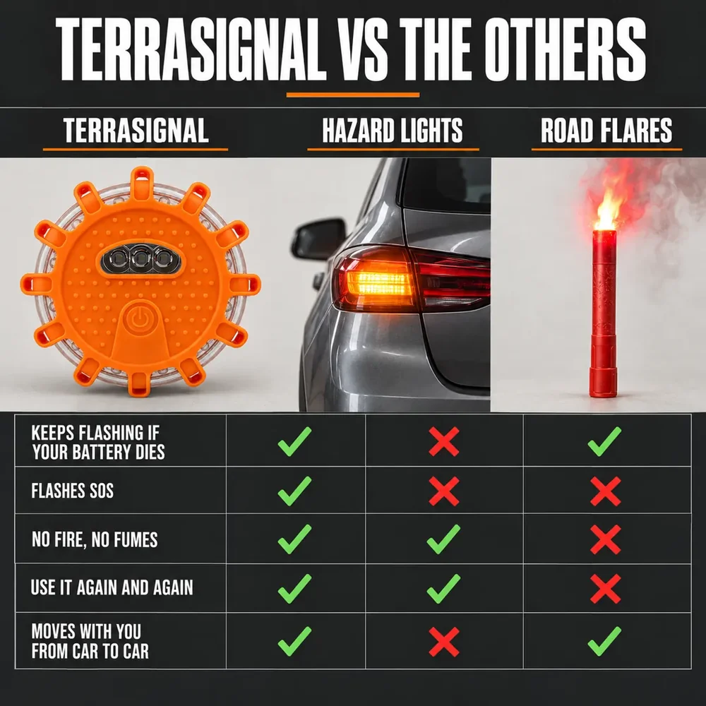 TerraSignal against hazard lights and road flares.