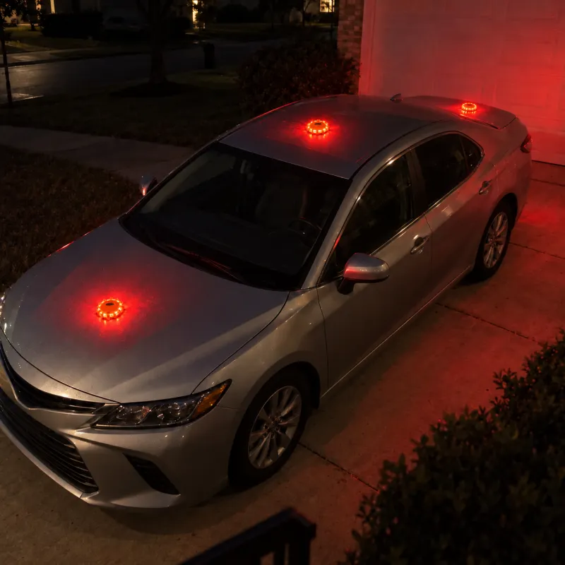 Her silver car in the driveway at night with a TerraSignal glowing red and amber on the roof, the trunk and the hood.