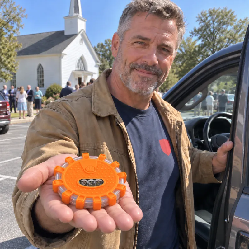 In the church parking lot, a firefighter in his fifties holds a small orange TerraSignal light out on his open palm beside his pickup truck.
