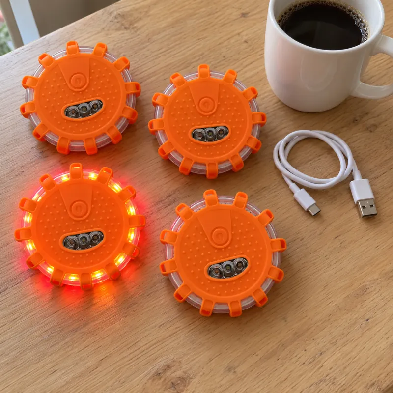 Four TerraSignal lights on her kitchen table beside a charging cable and a mug of coffee, one of them switched on.