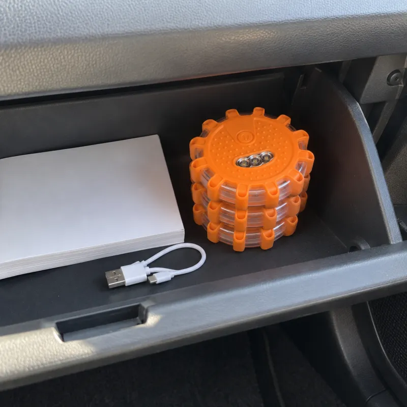 Her daughter's open glovebox holds a stack of four TerraSignal lights beside the car manual and a charging cable.