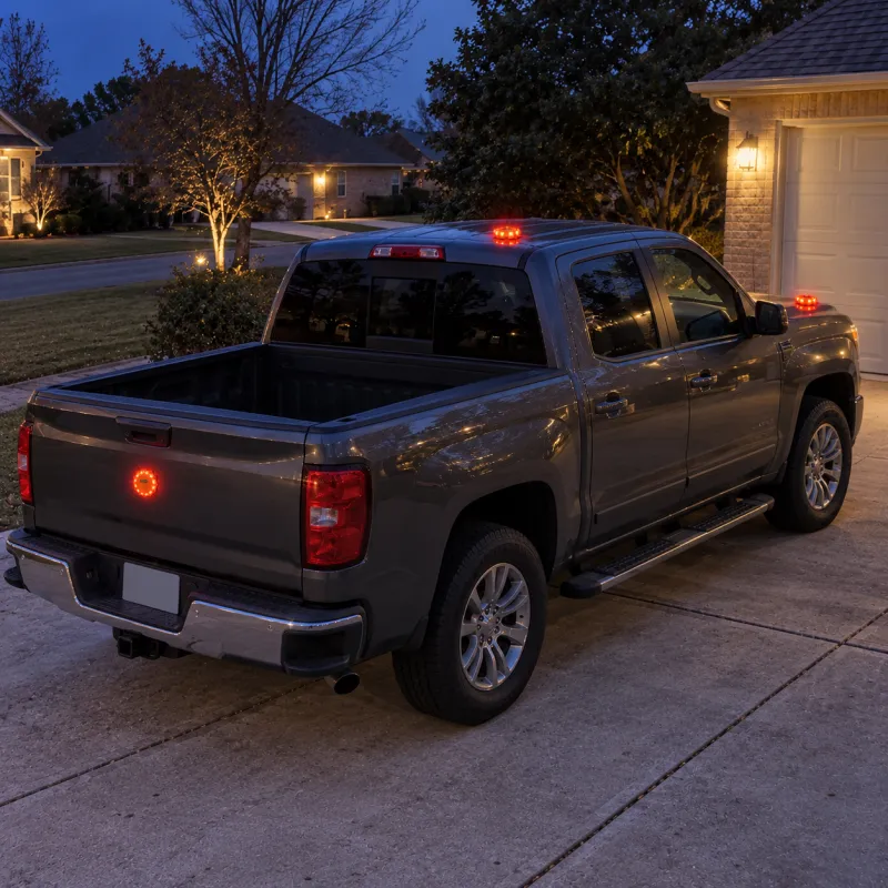 Her son's grey pickup truck in his driveway at dusk, with a TerraSignal glowing on the cab roof, the tailgate and the hood.