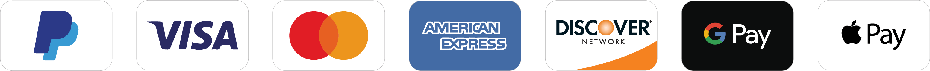 Visa, Mastercard, American Express, Discover, PayPal