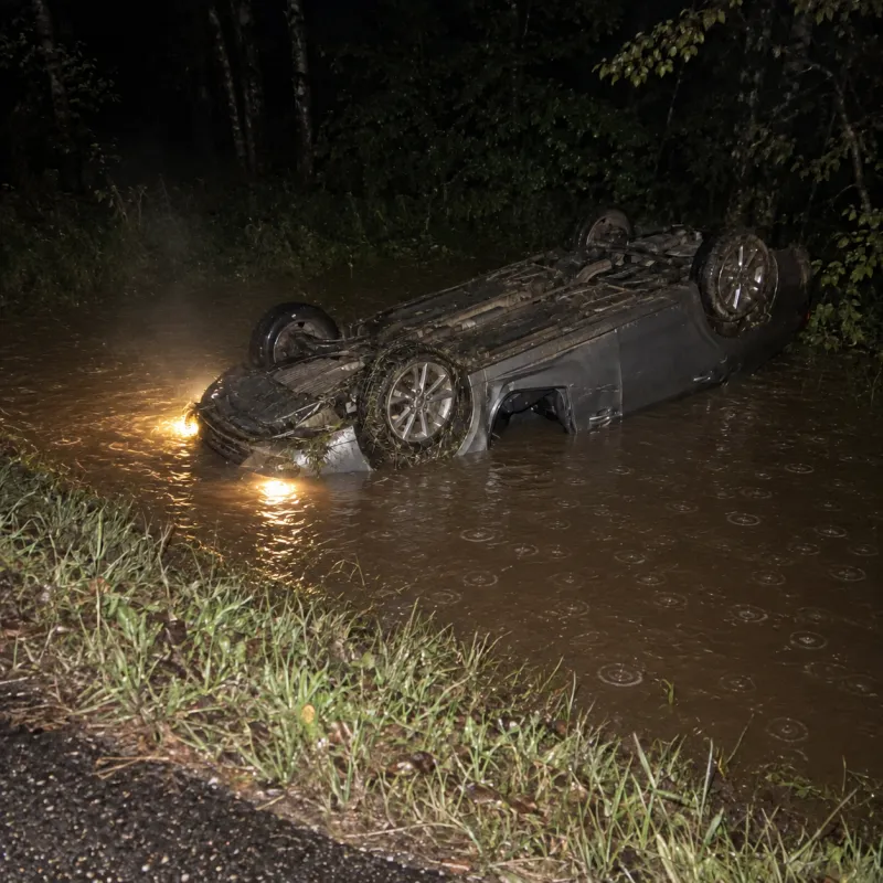 A car lying upside down in a ditch full of muddy rainwater at night, its headlights still on.