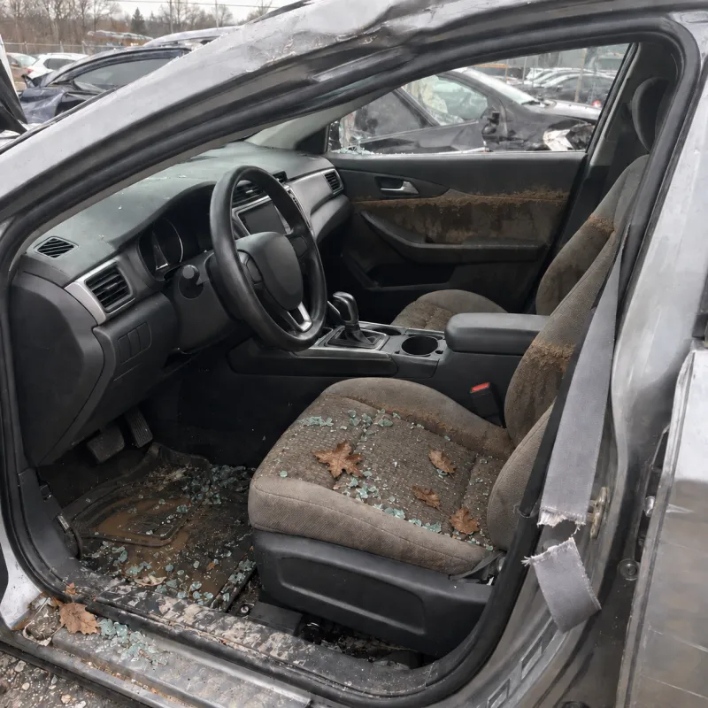 Inside the wrecked car at the tow yard: broken glass, a cut seatbelt and a line of dried mud across the seats.