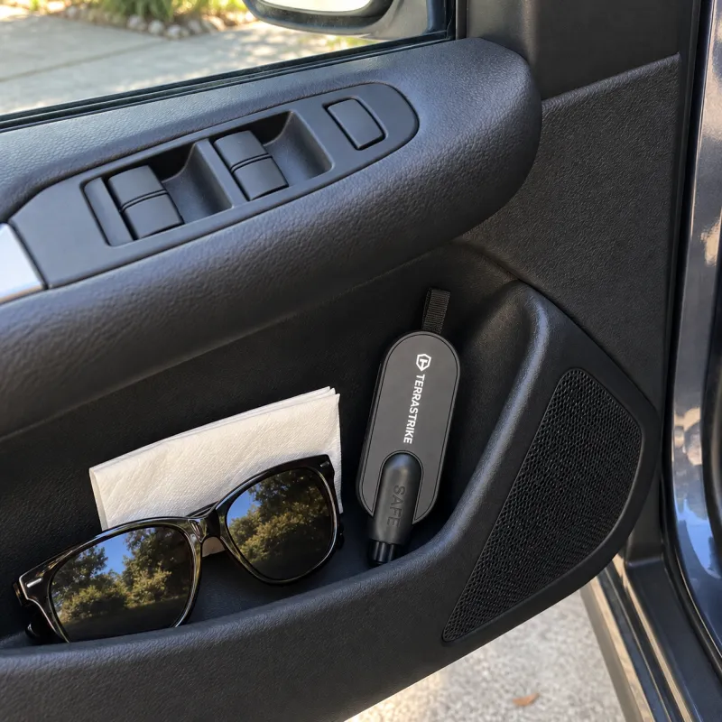 A TerraStrike in the door pocket of her husband's car, just below the corner of the side window.