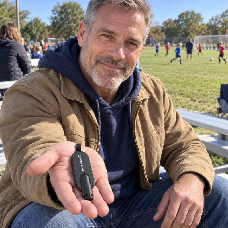 At the edge of a kids' soccer field, a firefighter in his fifties sits on the bleachers and holds a TerraStrike out on his open palm.
