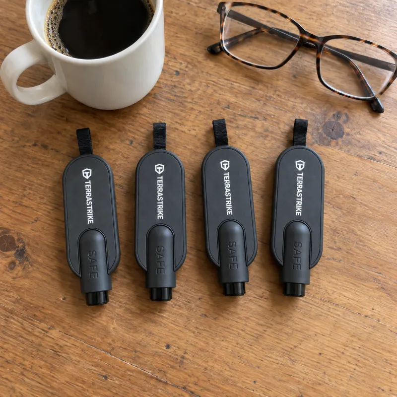 Four TerraStrike car escape tools in a row on her kitchen table beside a coffee mug and reading glasses.