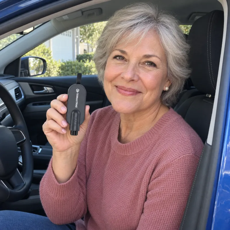 A smiling woman in her sixties sits in the driver's seat of her car and holds up a small charcoal-grey TerraStrike car escape tool.