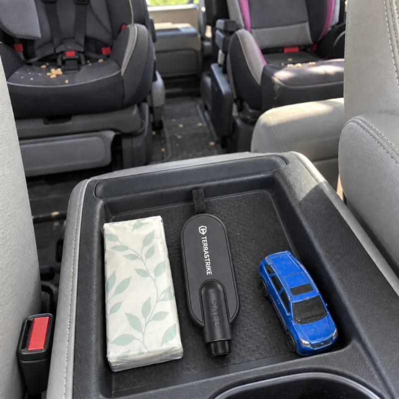 Her daughter's minivan, with a TerraStrike in the front console tray and two kids' car seats behind.