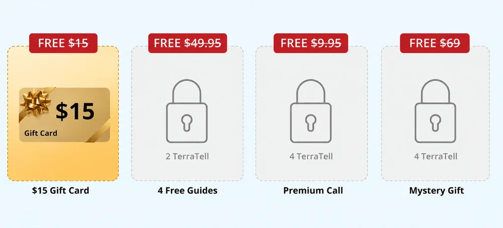 Free gift: a $15 gift card. Locked: 4 free guides (2 TerraTell), a Premium Call and a Mystery Gift (4 TerraTell)