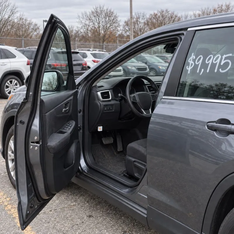 A used gray SUV on a lot seen from outside, the driver's door open, TerraTell plugged in under the dash and $9,995 written on the rear side window.