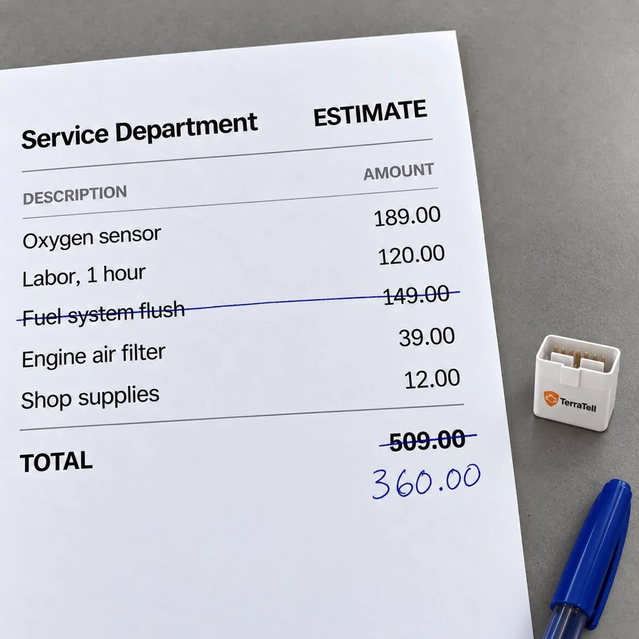 A repair estimate with the fuel system flush crossed out and the total cut from $509 to $360 in pen, TerraTell beside it.