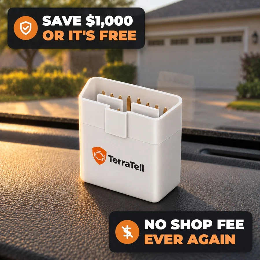 TerraTell on a car dashboard in evening sun, with two badges: save $1,000 or it's free, and no shop fee ever again.