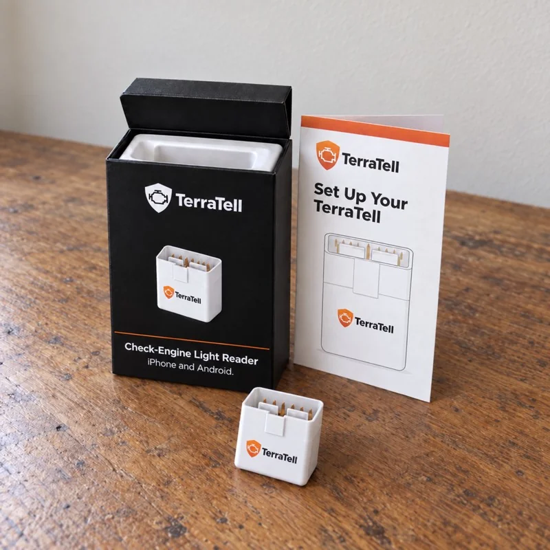 What arrives: the black TerraTell box open on a wooden table, the white reader in front, and the setup card standing beside the box.