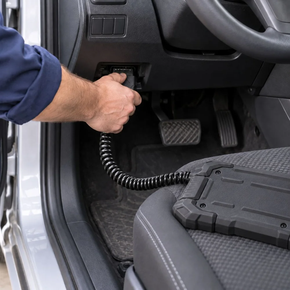A technician plugging the shop's scan tool in under the dash.