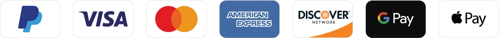 PayPal, Visa, Mastercard, American Express, Discover, Google Pay, Apple Pay
