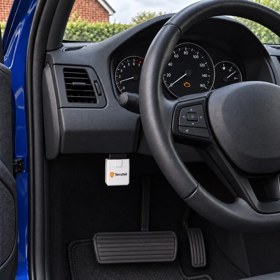 The open driver's door of a clean blue car in a driveway: the orange check-engine light lit in the speedometer, and TerraTell plugged in under the dash by the left knee.