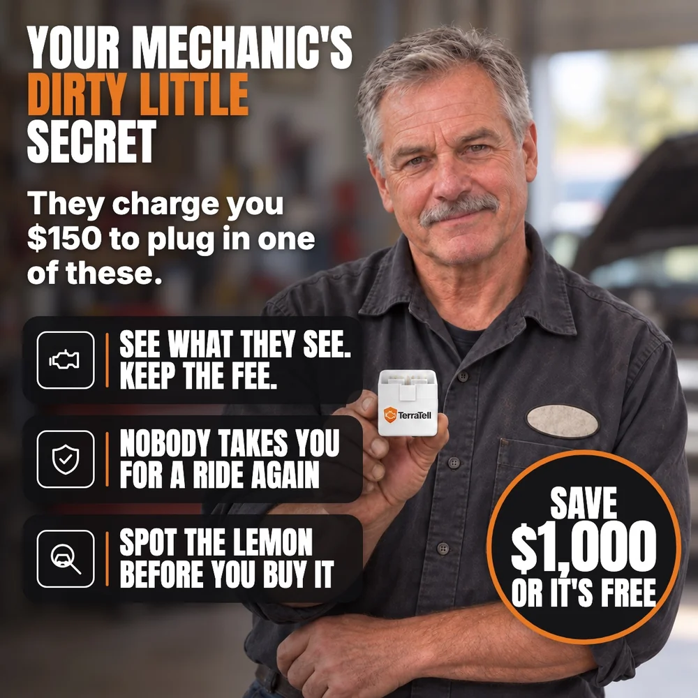 Your mechanic's dirty little secret. They charge you $150 to plug in one of these. See what they see. Keep the fee. Nobody takes you for a ride again. Spot the lemon before you buy it. Save $1,000 or it's free. A mechanic in his garage holds up TerraTell.