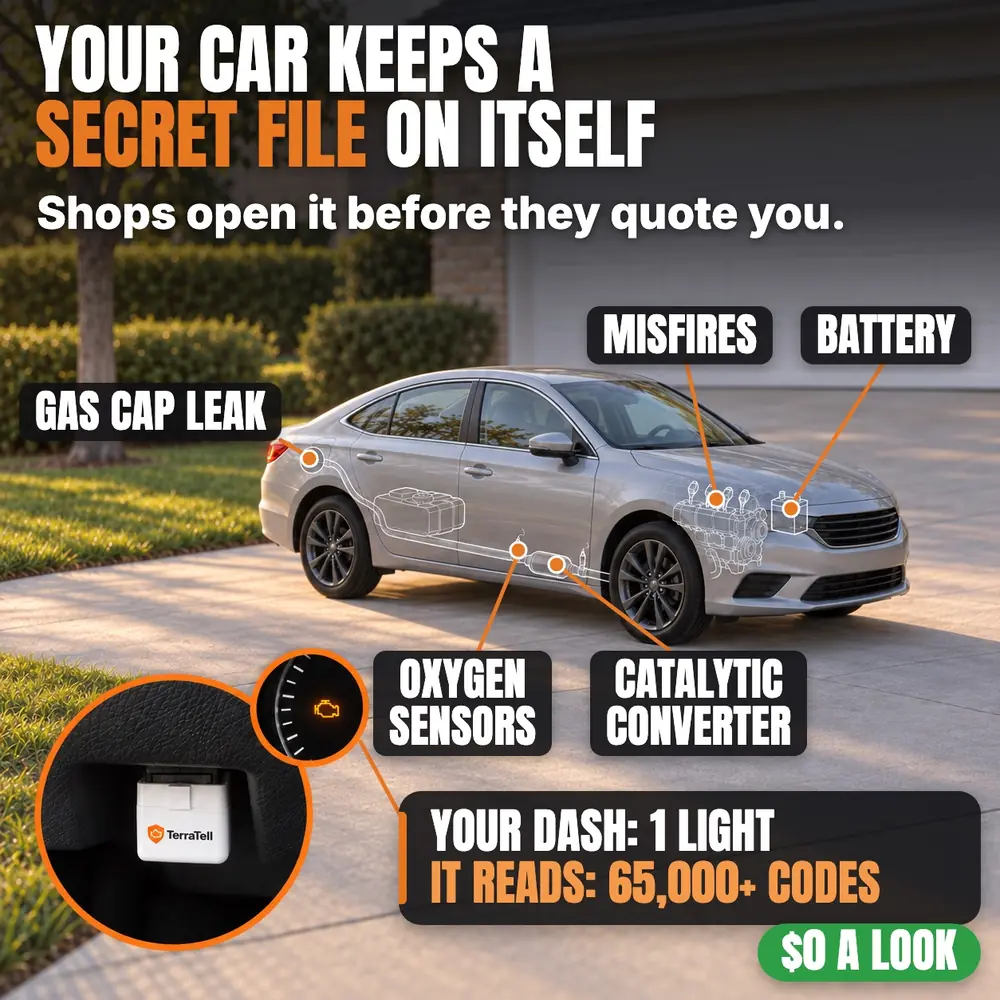 Your car keeps a secret file on itself. Shops open it before they quote you. A silver sedan in a driveway with its misfires, battery, gas cap leak, oxygen sensors and catalytic converter marked. Your dash: 1 light. It reads: 65,000+ codes. $0 a look. Inset: TerraTell in the socket under the dash.