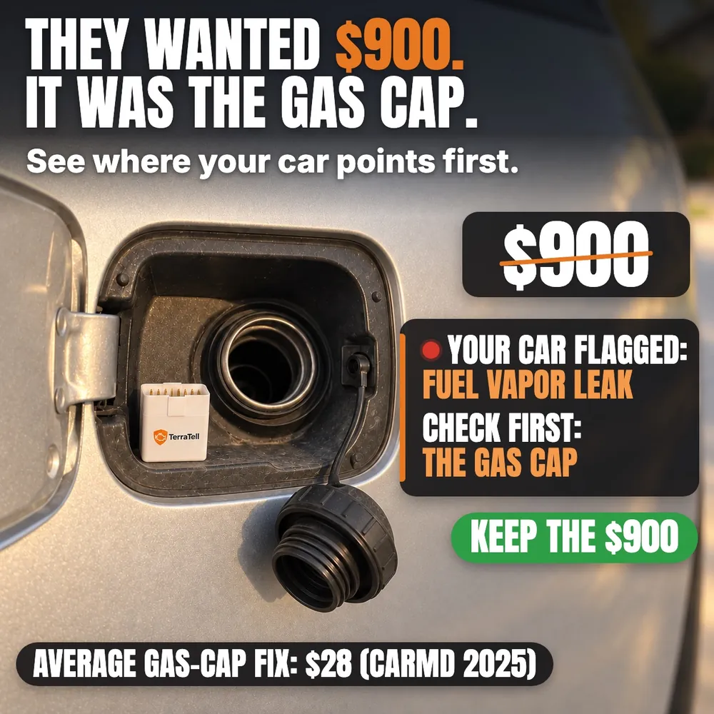 They wanted $900. It was the gas cap. See where your car points first. A car's open fuel door with the gas cap hanging loose and TerraTell beside it. Your car flagged: fuel vapor leak. Check first: the gas cap. Keep the $900. Average gas-cap fix: $28 (CarMD 2025).