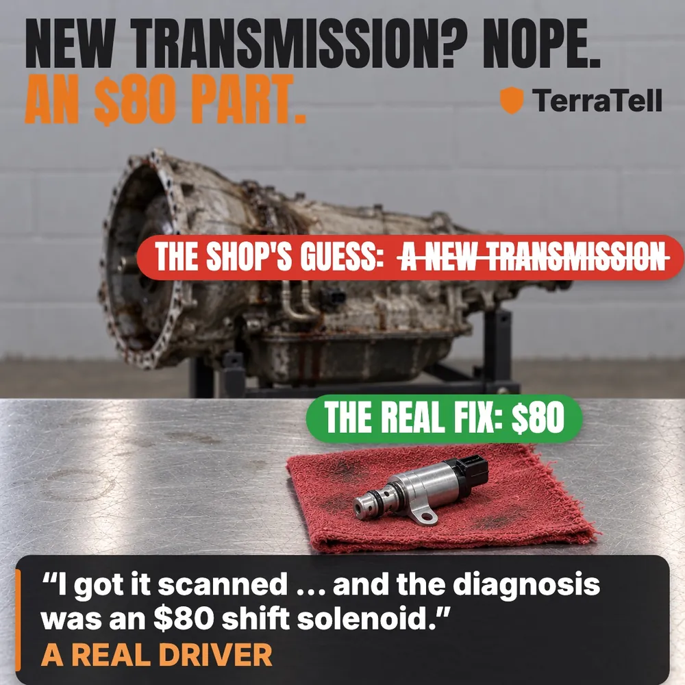 New transmission? Nope. An $80 part. A big oily transmission behind a small shift solenoid on a red shop rag. The shop's guess: a new transmission. The real fix: $80. A real driver: I got it scanned and the diagnosis was an $80 shift solenoid.