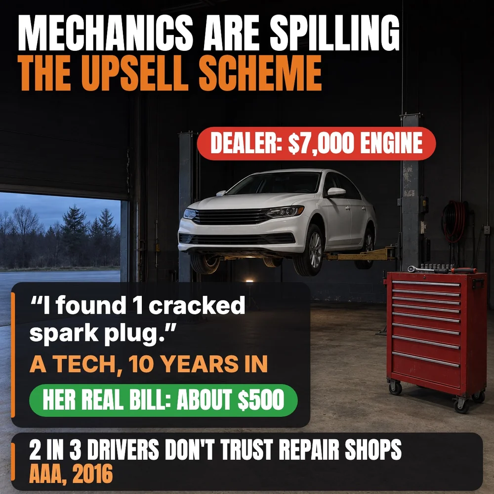 Mechanics are spilling the upsell scheme. An empty repair bay with a car up on a lift. Dealer: $7,000 engine. A tech, 10 years in: I found 1 cracked spark plug. Her real bill: about $500. 2 in 3 drivers don't trust repair shops (AAA, 2016).