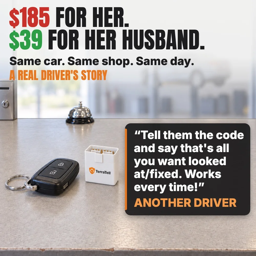 $185 for her. $39 for her husband. Same car. Same shop. Same day. A real driver's story. Her key fob and TerraTell on a repair shop's service counter. Another driver: tell them the code and say that's all you want looked at or fixed. Works every time.